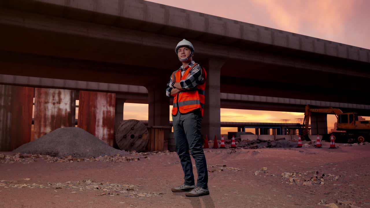 Full Body Side View Of Asian Male Engineer With Safety Helmet Crossing His Arms And Looking Around While Standing At The Site of Highway Construction
