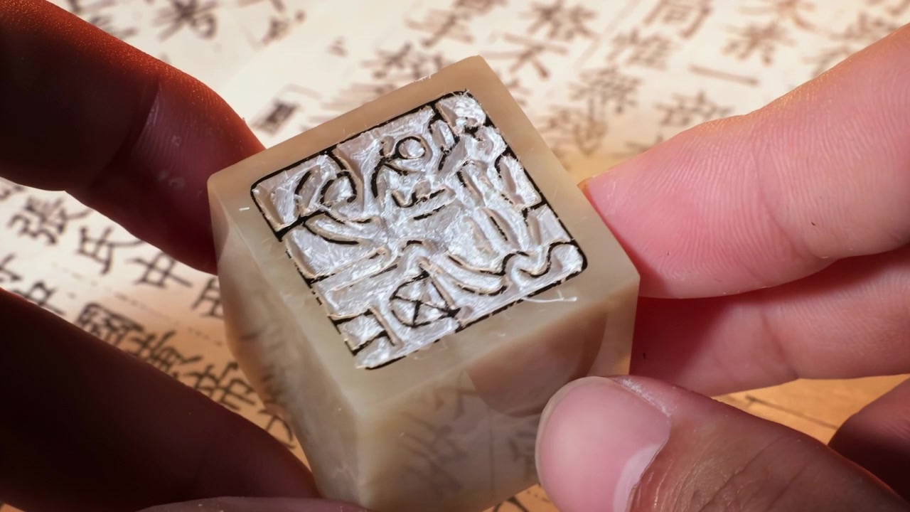 Primo piano delle mani di un artigiano che usa una sgorbia per intagliare dettagli intricati di un tradizionale sigillo-emblema cinese in pietra. Artigiano esperto che intaglia a mano i dettagli in un laboratorio d'arte.
