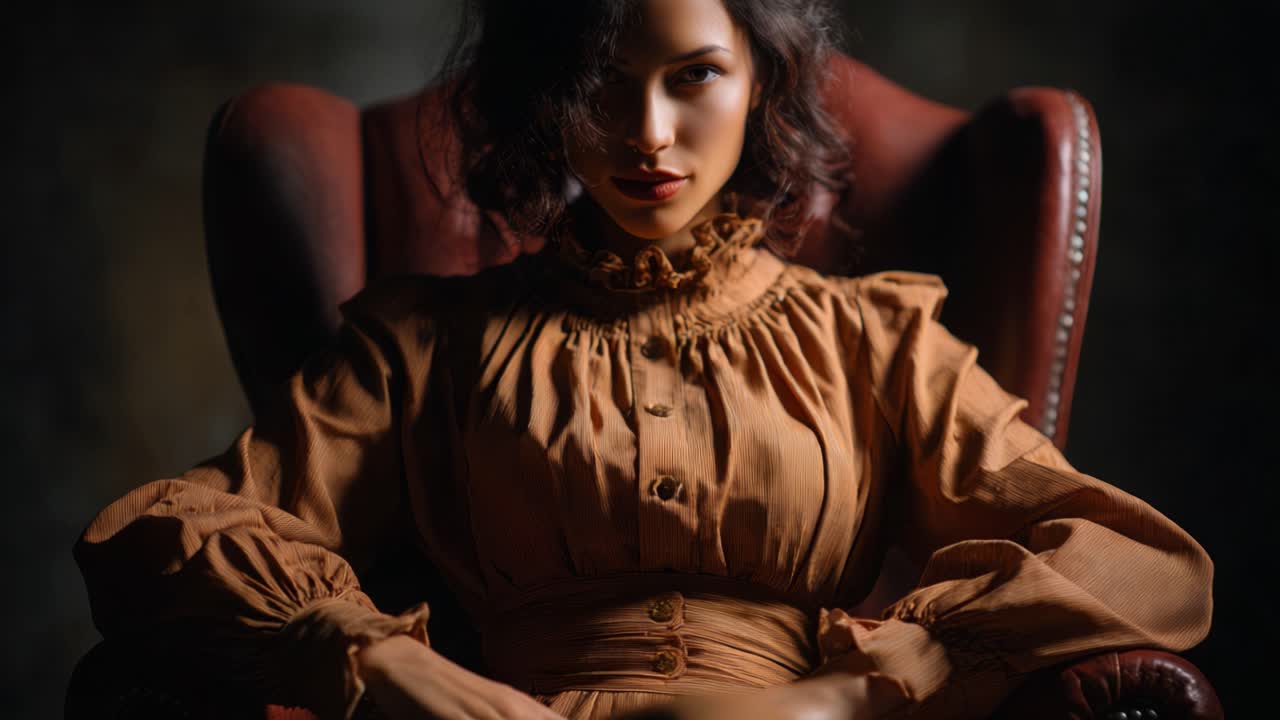 Una donna misteriosa in un elegante abito vintage seduta con sicurezza su una poltrona sontuosa, catturando l'essenza di eleganza e compostezza senza tempo in un'illuminazione scura