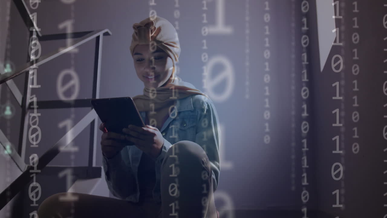 animación de codificación binaria ai y datos sobre estudiante biracial usando una tableta