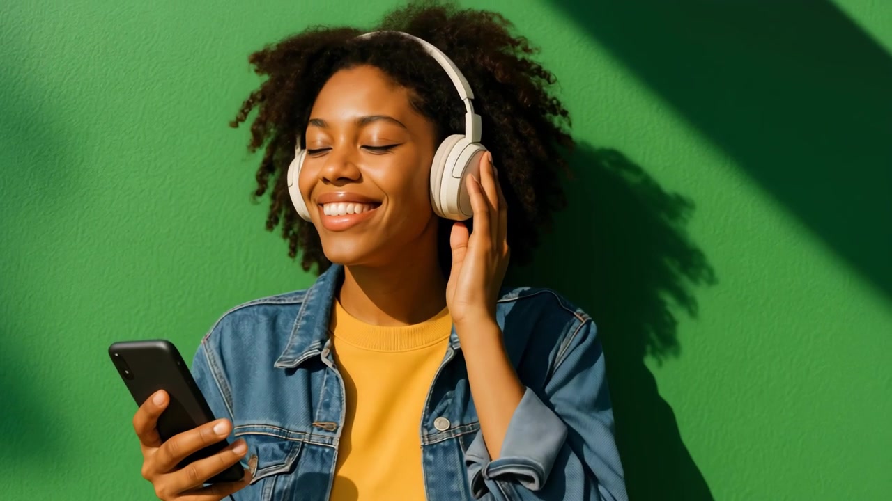 Giovane donna afroamericana sorridente che ascolta musica con le cuffie.