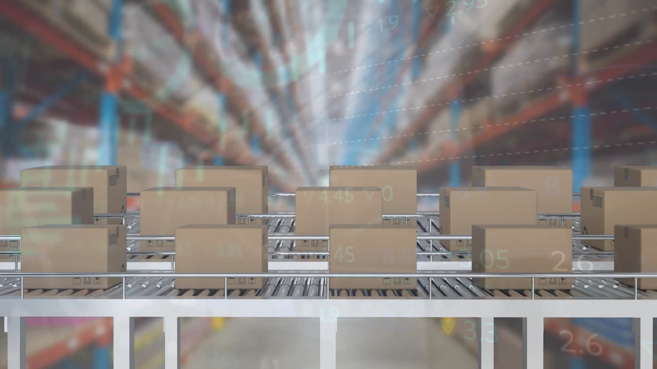 анимация статистической и финансовой обработки данных по коробкам на конвейерных лентах