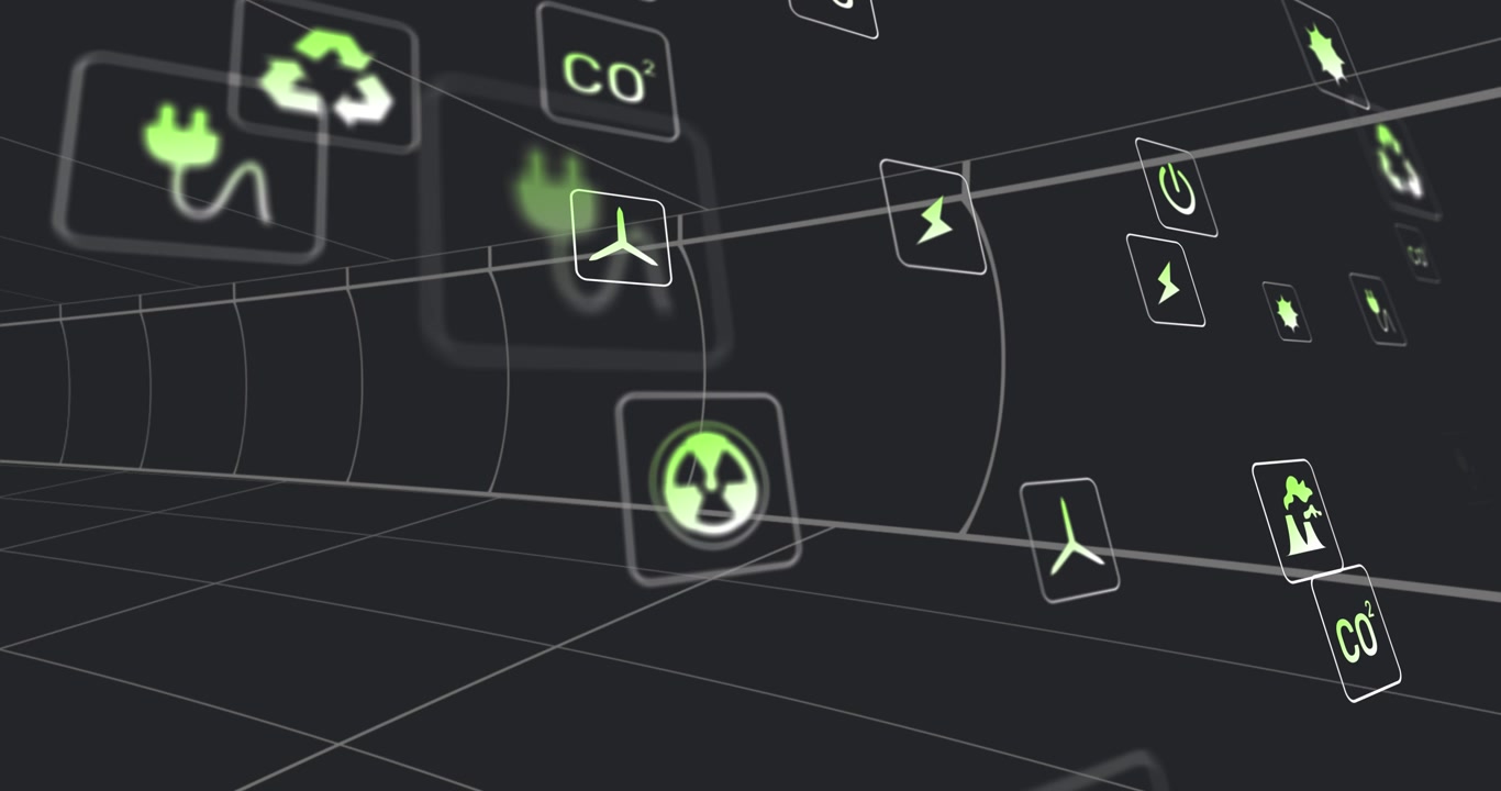 Digital Tunnel with Floating Green Energy and Sustainability Icons