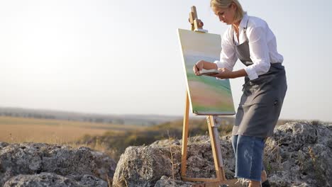 a professional artist paints a picture