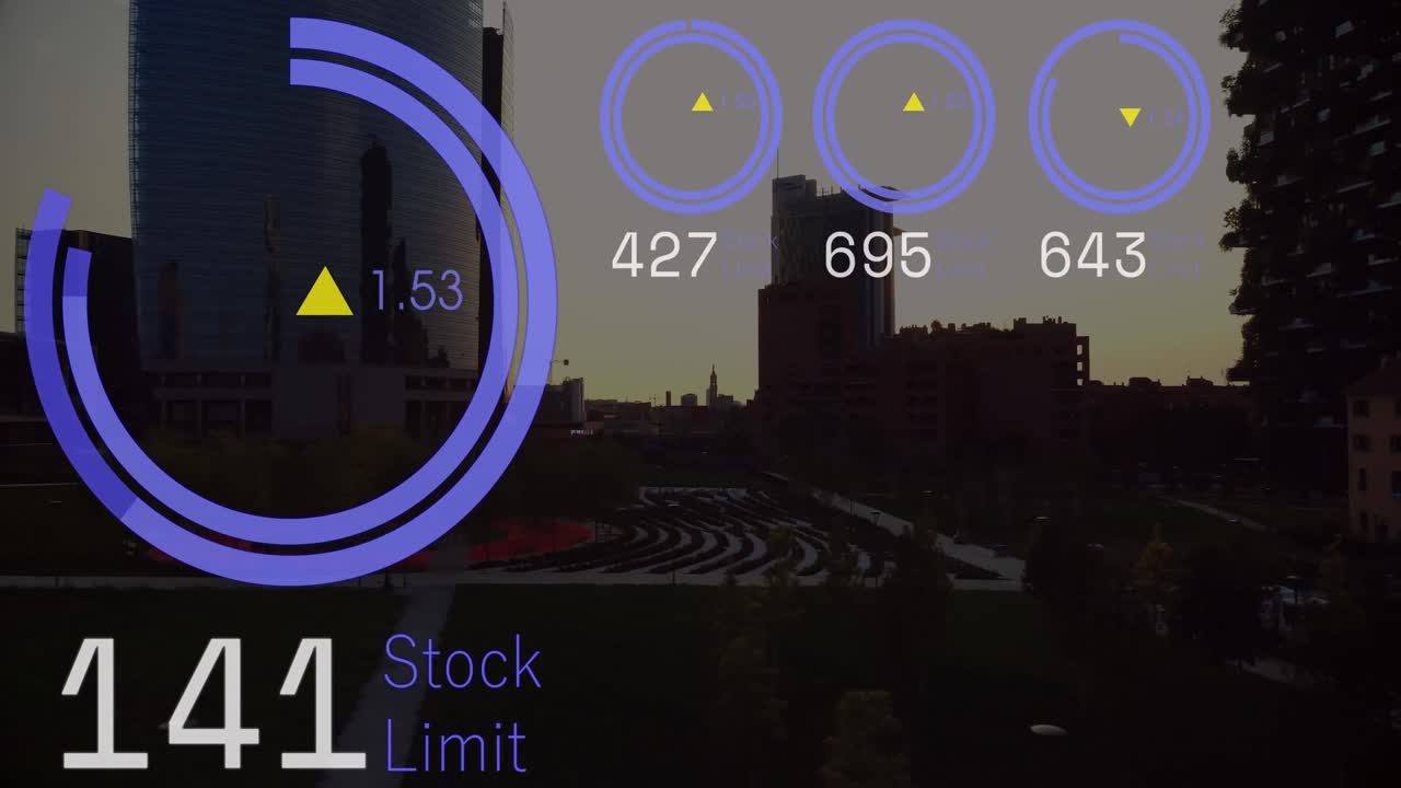 Animation of stock market data processing against aerial view of cityscape