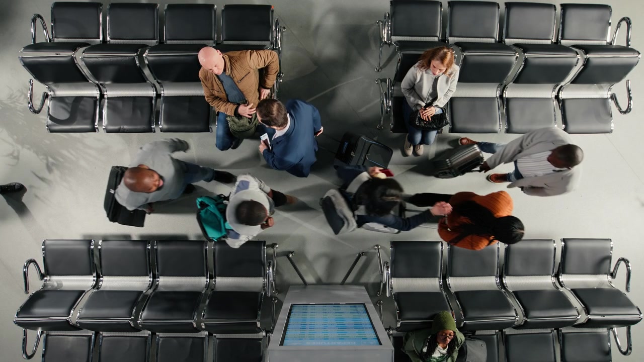 Top down view of people walking in crowded airport next to FIDS display