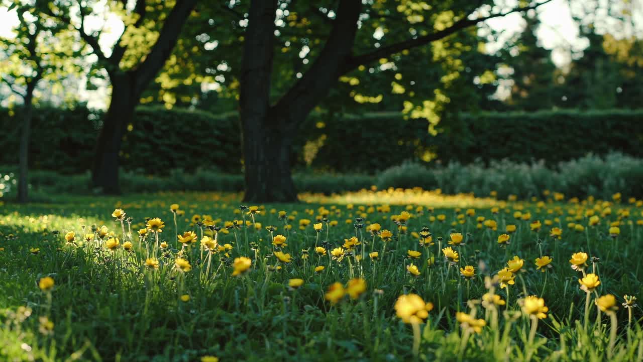 A serene, sunlit meadow with yellow flowers in soft focus, captured from a low angle