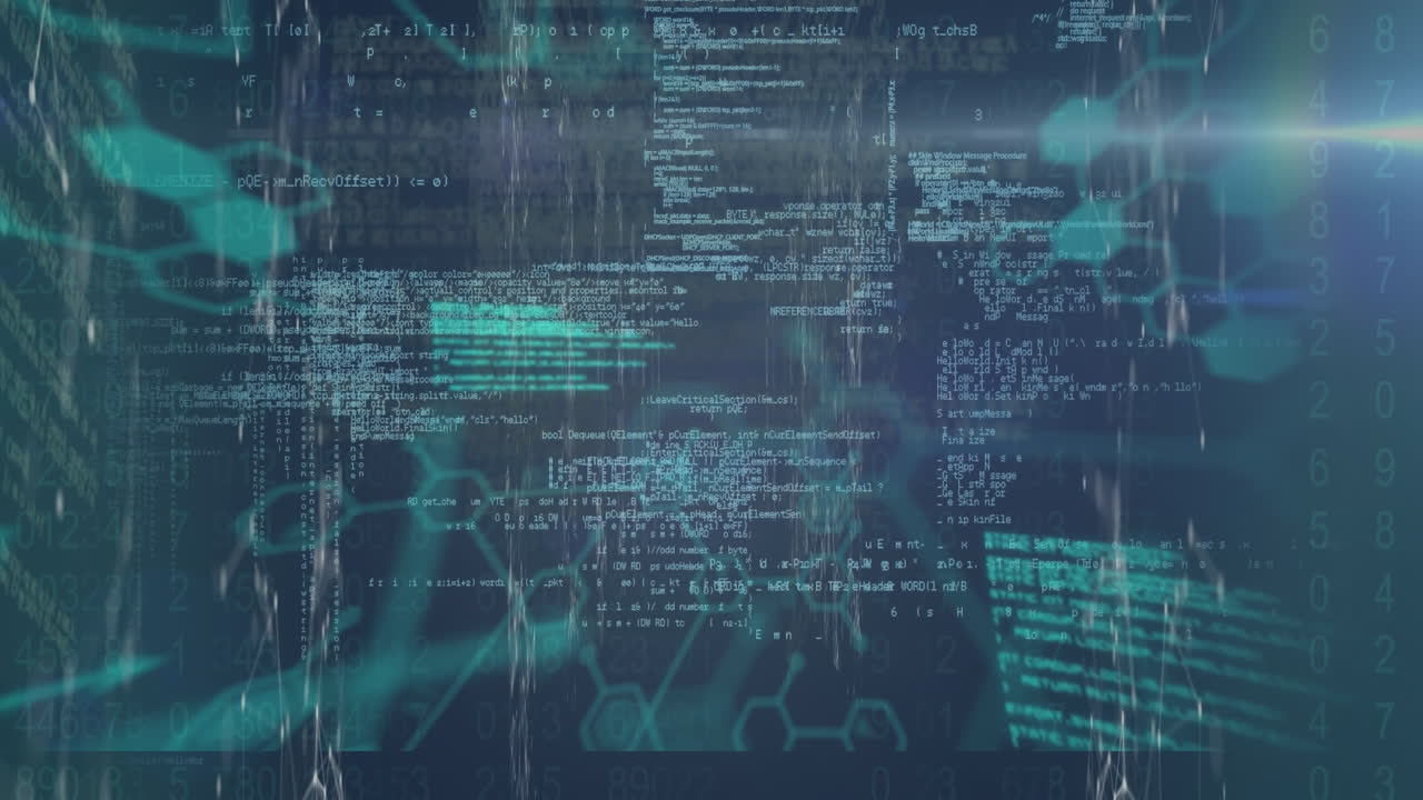 Animation of light trails and data processing over black background