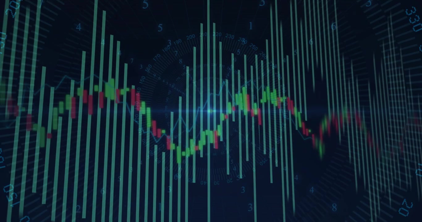 Grafico in loop con barre e forma d'onda oscillante, con un bagliore che si propaga mostrando la volatilità del mercato.