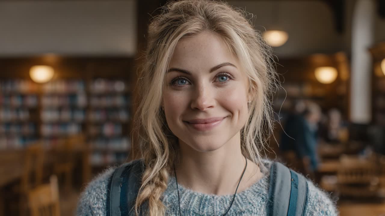 A young woman smiles warmly, exuding joy and confidence, in a cozy library setting, surrounded by shelves of books and a vibrant atmosphere of learning and connection