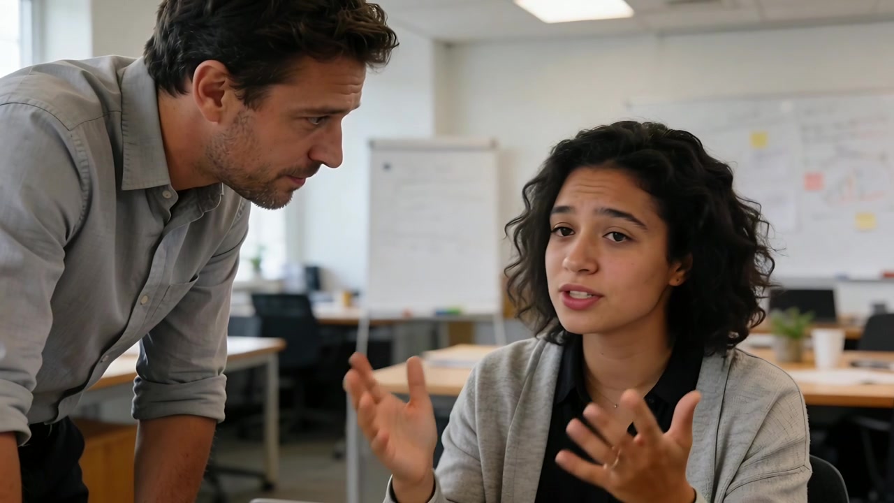 Talking seated woman in gray top explaining at board, causing coworker leaning at desk, copy space