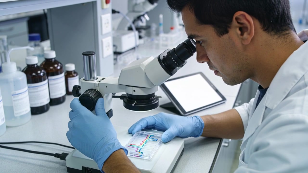 Colocando una muestra, rotando el enfoque del microscopio, técnico con bata y guantes observa la muestra en el banco de trabajo, espacio para texto