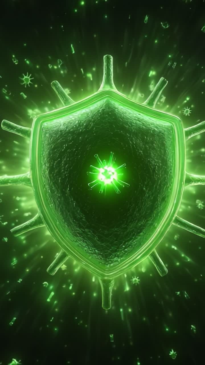 A Dynamic Visualization of a Green Shield, Symbolizing Protection Against Viruses and Bacteria, Radiating Energy in a Futuristic Design