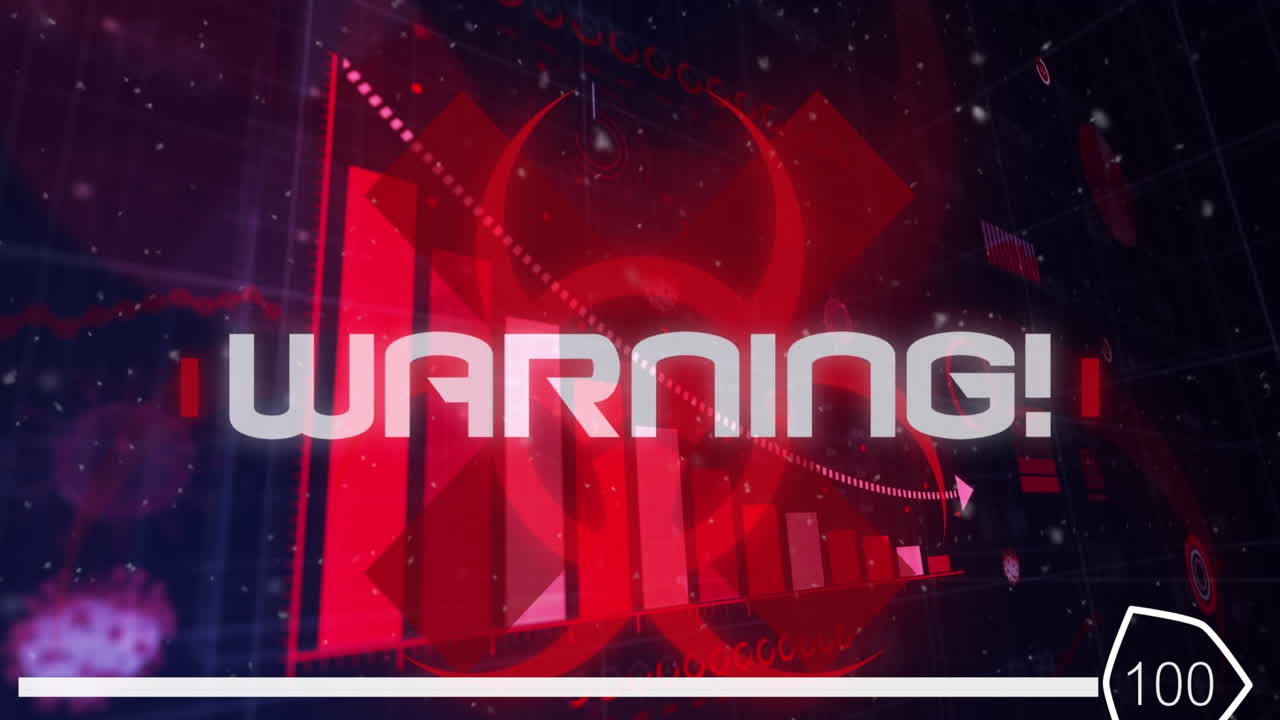 texto de advertencia sobre el símbolo de peligro biológico contra múltiples células de covid-19 y procesamiento de datos estadísticos