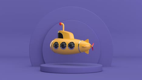 4k resolution video: toy cartoon styled submarine rotating over violet very peri cylinders products stage pedestal on a violet very peri background loop animation