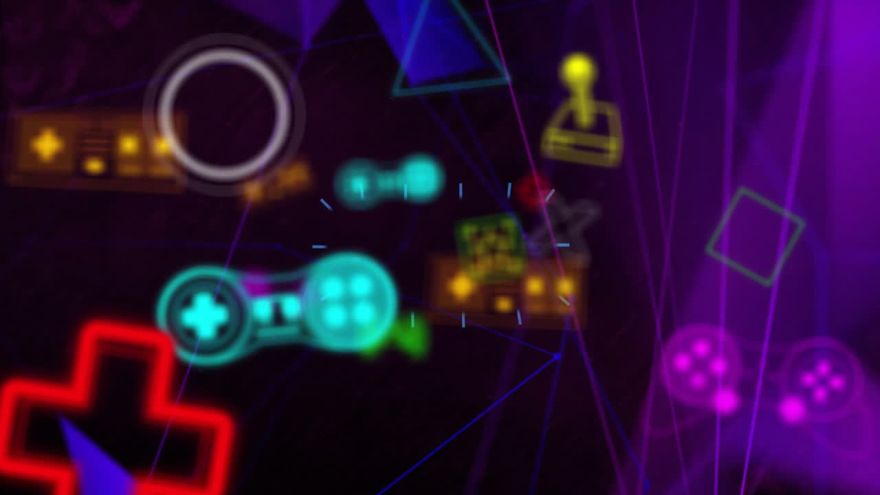 animación de iconos de videojuegos sobre el fondo de patrón de neón