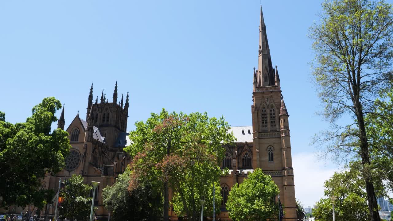 St Mary's Cathedral, Sydney (The Cathedral Church and Minor Basilica of the Immaculate Mother of God, Help of Christians, Patroness of Australia). View of Church from Hyde Park.