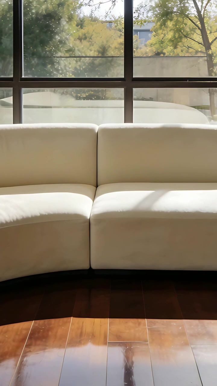 Vertical video: Sunlight shifting as sun moves, cream curved sofa catching light by window at home