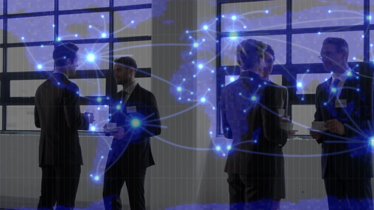 Four business professionals conversing at grid window, map fading in, nodes linking connections