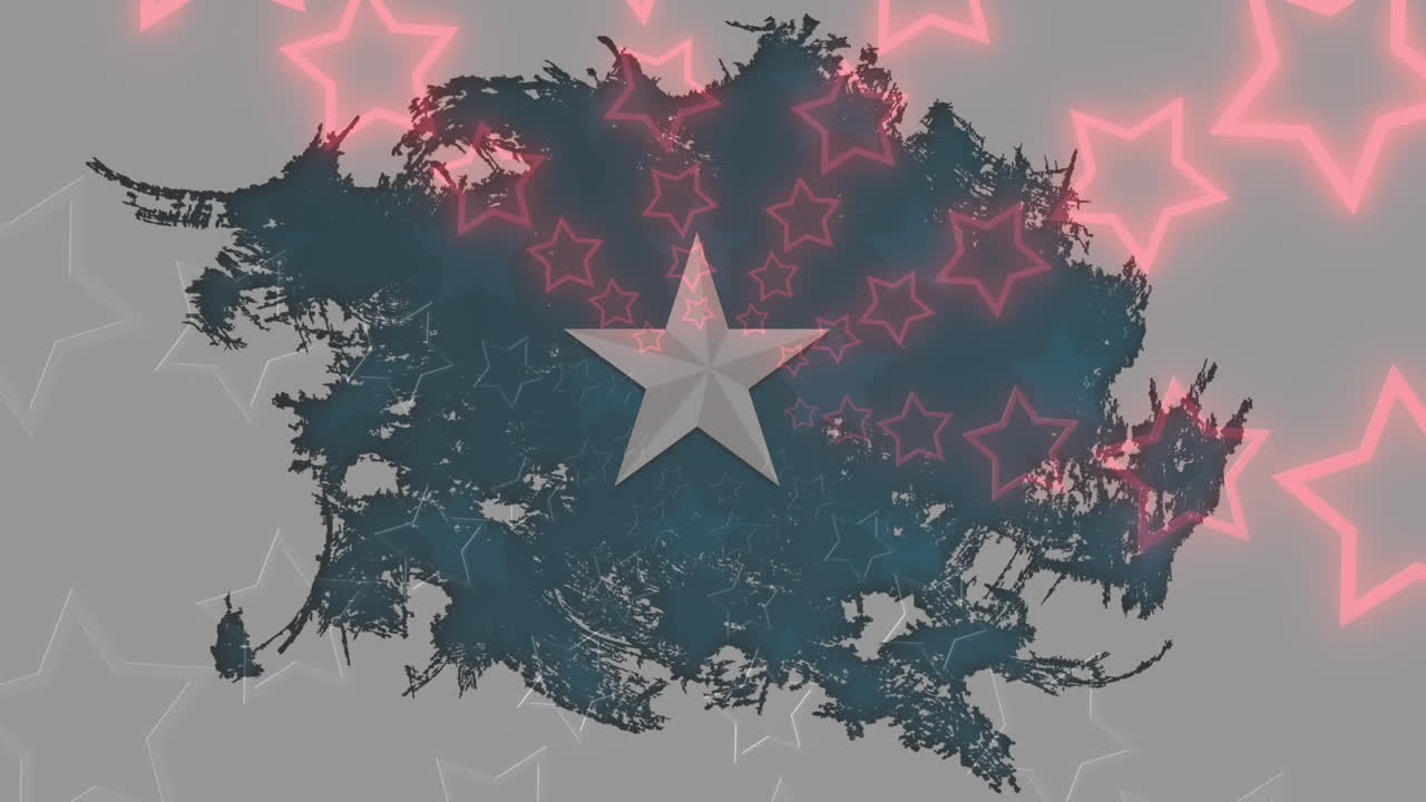 ⁇ 색 바탕에 검은색 스플래시 위에 색을 바꾸는 여러 개의 별의 애니메이션.