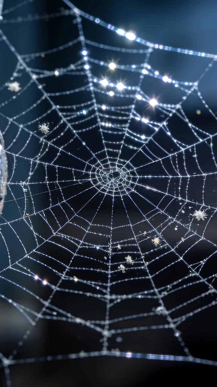 Vertical video: Catching dawn light, circular orb spider web sparkling with dew near metal hook