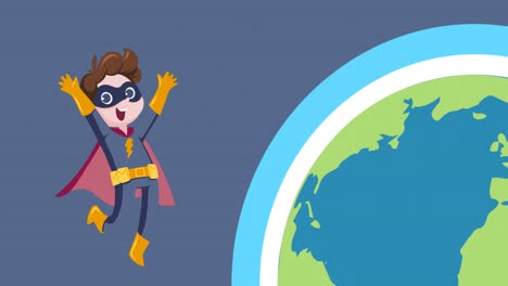 animation of superhero boy with globe icon on blue background