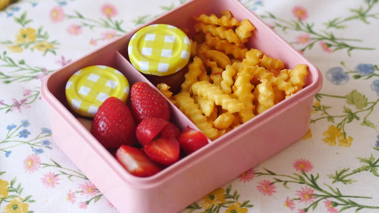 Lunchbox with strawberries and french fries