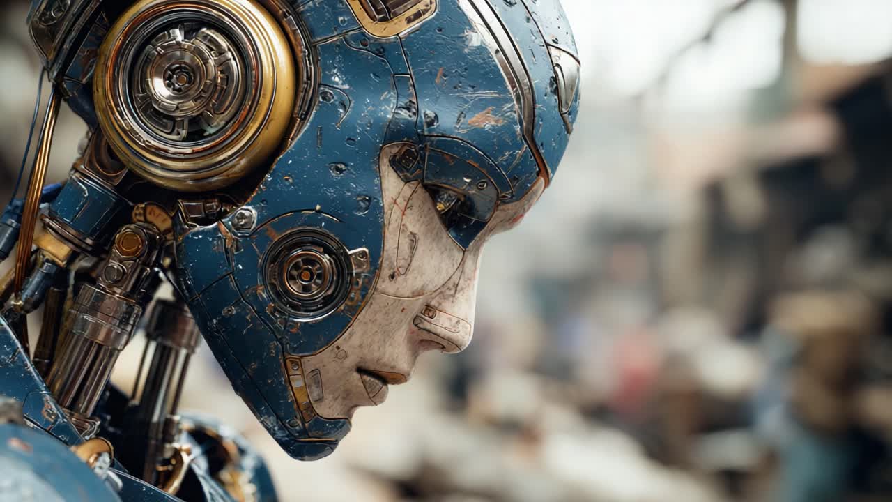 Exploring the Intricate Design of an Advanced Robotic Head with Detailed Features and a Futuristic Aesthetic in an Industrial Setting