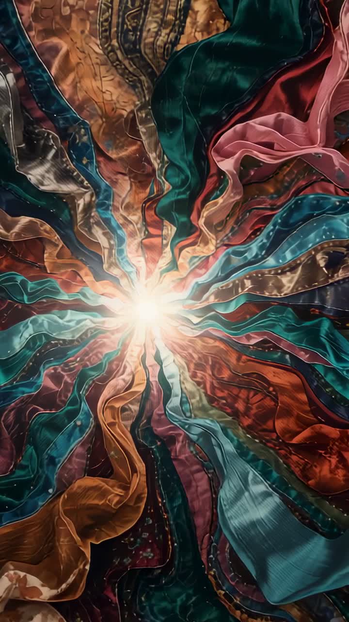 Vertical video: Pulsing central lamp making radial silk ribbons shifting top-down, patterned base