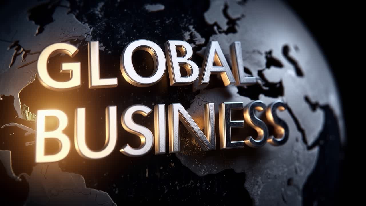 Lettere dorate brillano su una mappa del mondo scura. Le aziende si estendono su tutti i continenti, raggiungendo ogni angolo. Tono professionale, moderno, potente e globale. Ideale per temi di finanza, commercio o crescita internazionale.