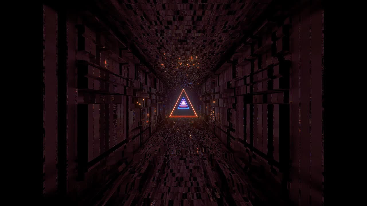 triángulo de marco de alambre brillante con corredor de túnel reflectante técnico ilustración 3d fondo de movimiento papel tapiz en vivo club visuales vj bucles