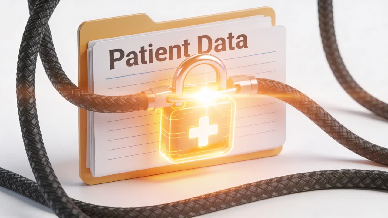Animated pulse initiating padlock glow, Patient Data folder, cables shifting, securing health data