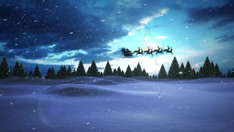 Animation-of-santa-claus-in-sleigh-with-reindeer-over-snow-falling-and-winter-landscape