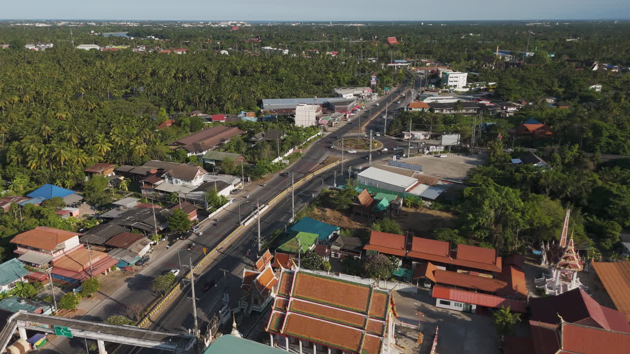 Main Road And Roundabout Road In Ban Prok, Amphawa District, Samut Songkhram Province, Thailand. Aerial Drone Shot