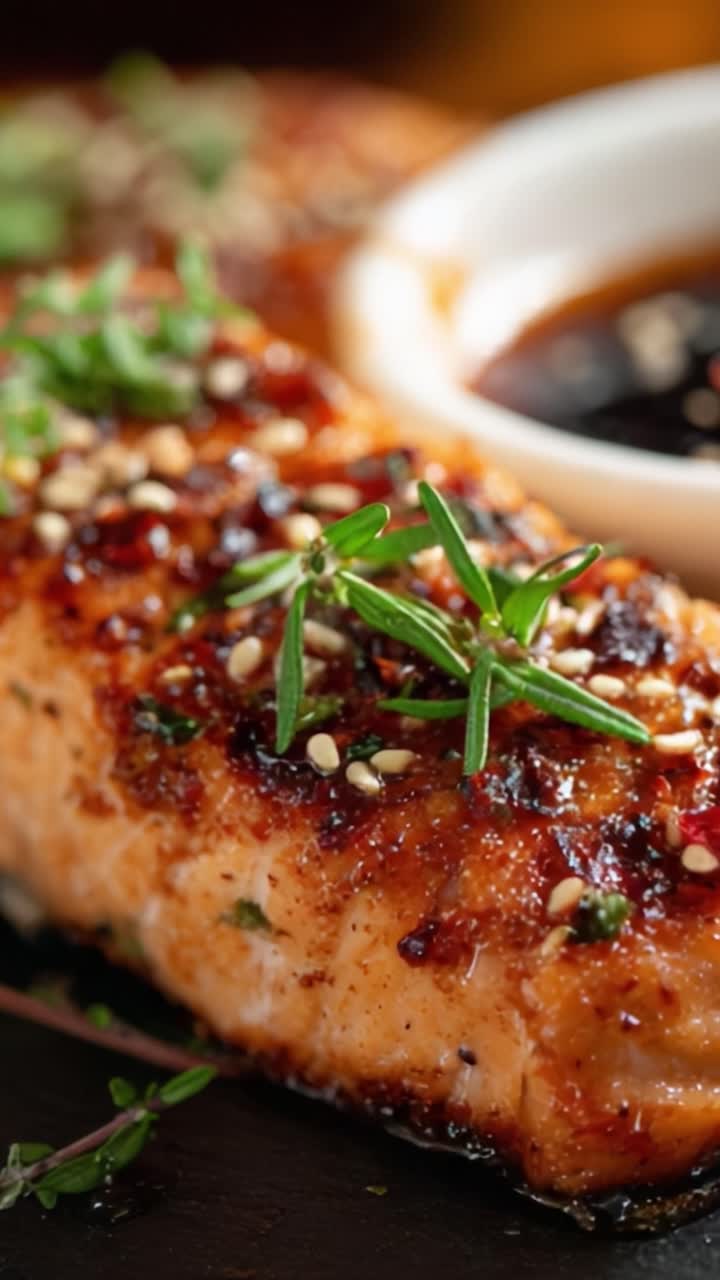 Köstlich gegrillter Lachs mit Garnierungen in Nahaufnahme: Ein verlockendes Gericht mit aromatischen Kräutern und Sesamsamen, begleitet von einer leckeren Dip-Sauce