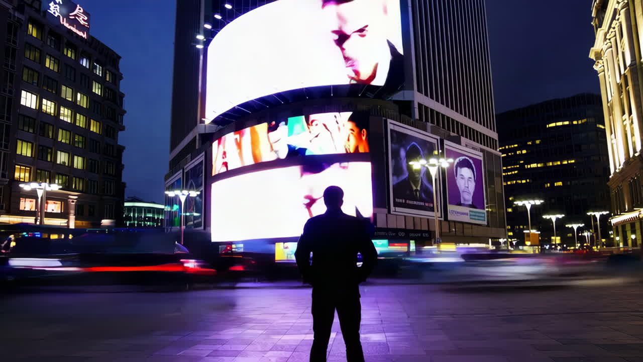Person Looking at Large Billboard Display in Night City