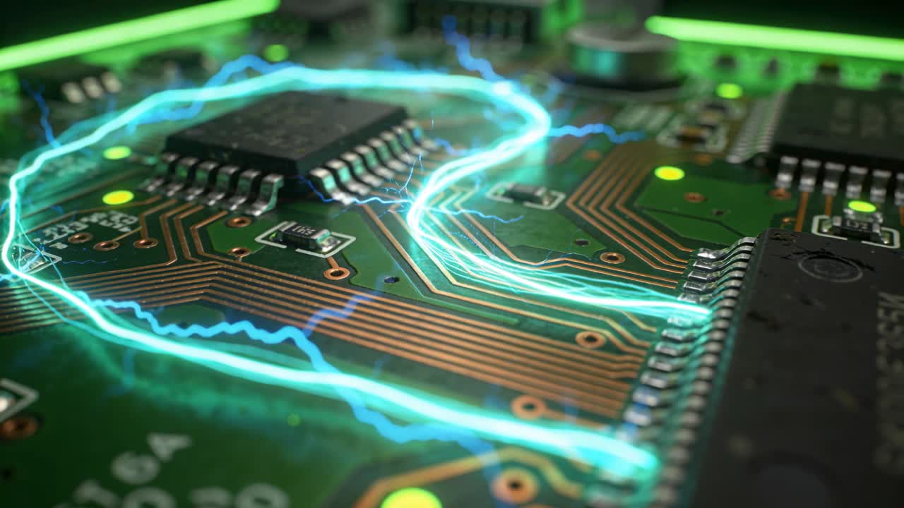 Tracking teal energy sparking across PCB, camera moving forward highlighting copper traces, IC pins