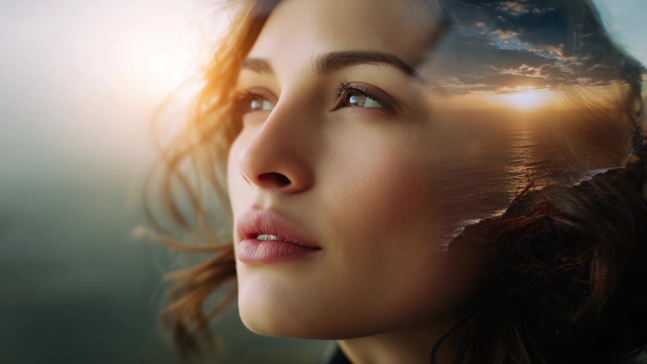 Una donna contemplativa guarda in lontananza, la sua espressione riflette un misto di pace e contemplazione, illuminata dal tenue bagliore di uno sfondo al tramonto.