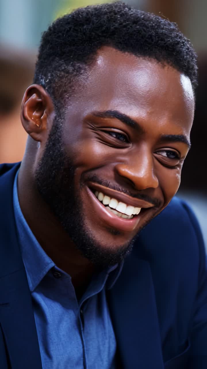 Jeune homme joyeux en tenue élégante, souriant et rayonnant, faisant preuve d’assurance et de charisme lors d’un événement social, dégageant chaleur et optimisme dans un moment spontané