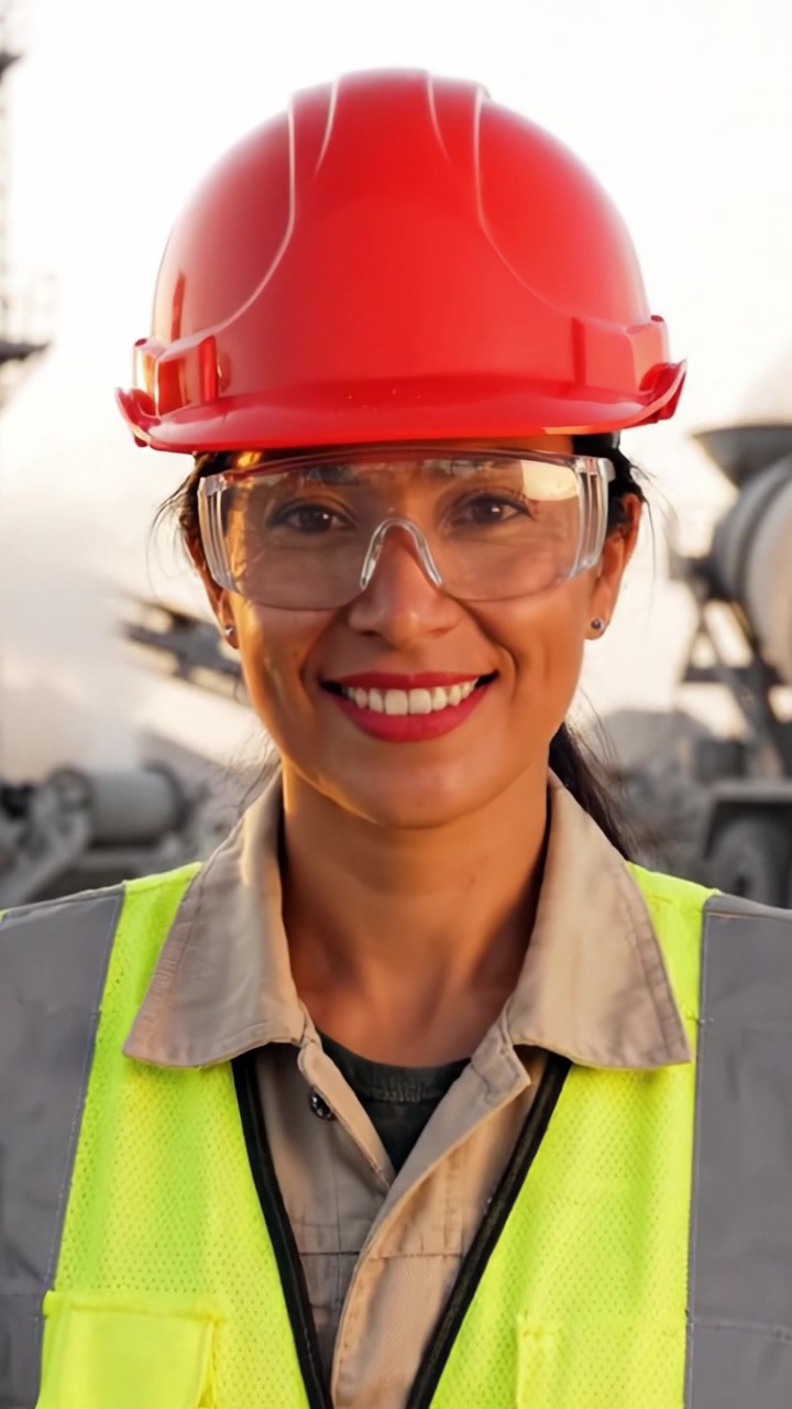 Lavoratrice Sicura di Sé con Equipaggiamento di Sicurezza che Sorride in Cantiere, Mostrando Professionalità e Dedizione agli Standard di Sicurezza nel Settore