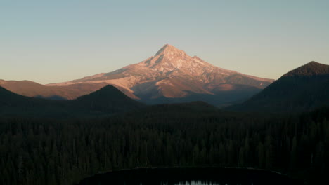 descending aerial shot of mount hood from lost lake at sunset