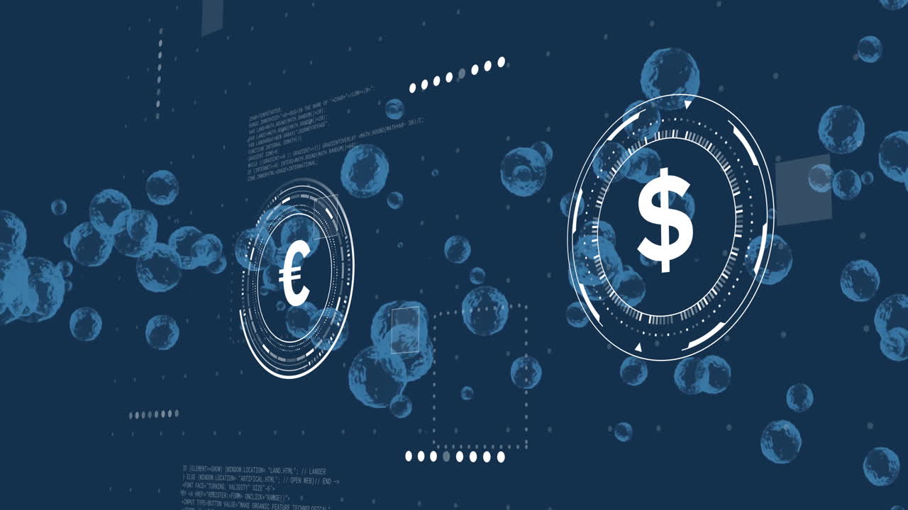 Animation showing euro and dollar symbols with exchange arrows on digital background