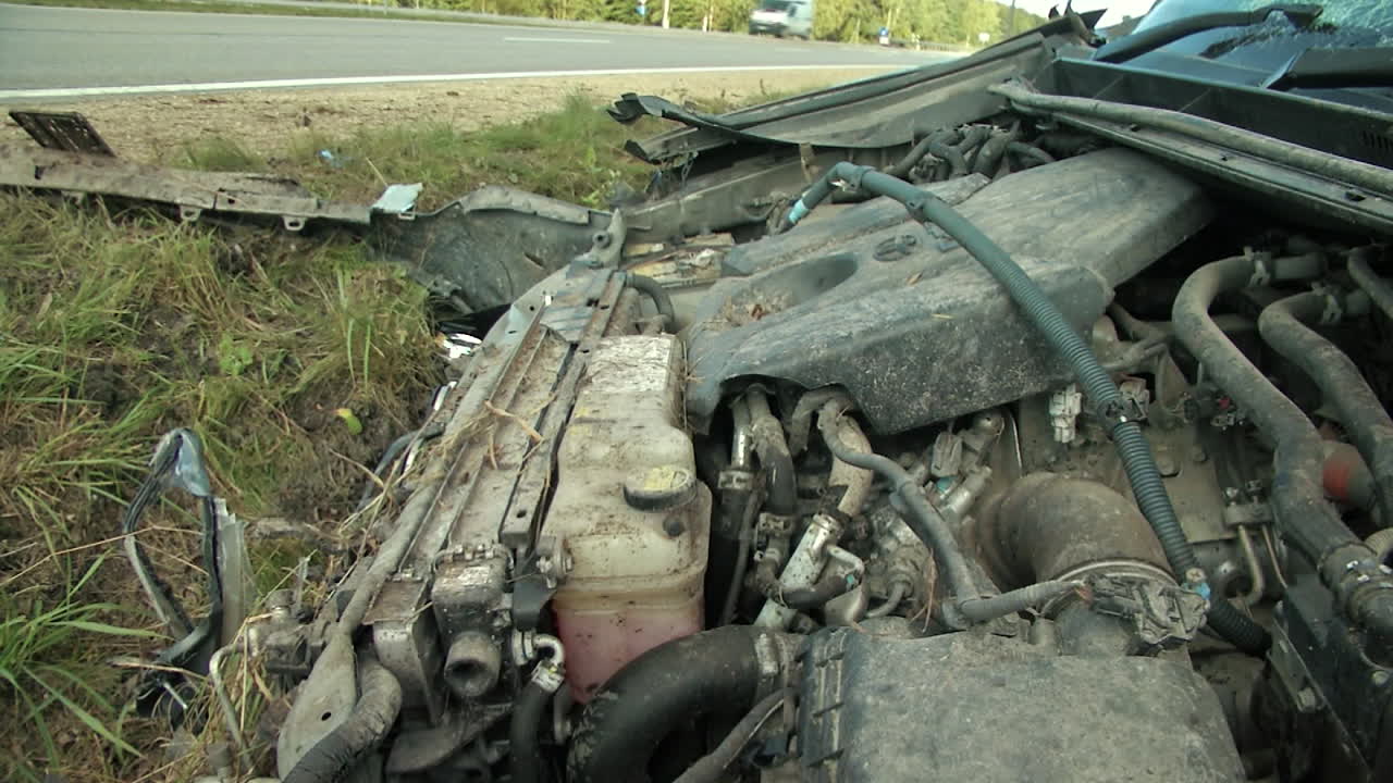 Airbag Exploded at a Car Accident, Damaged Auto Wreck After Heavy Collision