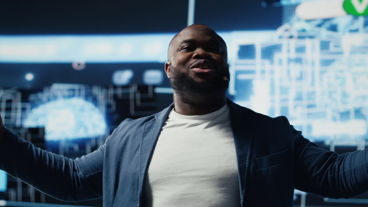 Black public speaker engineer presenting AI neural networks to the audience