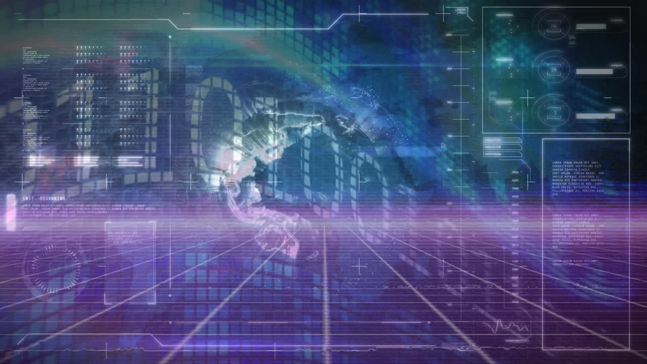 animación de códigos binarios en bucle y globo con base de datos contra un fondo abstracto.