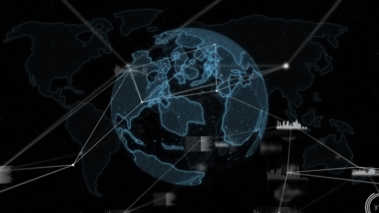 Animation of network of connections and data processing over spinning globe against black background