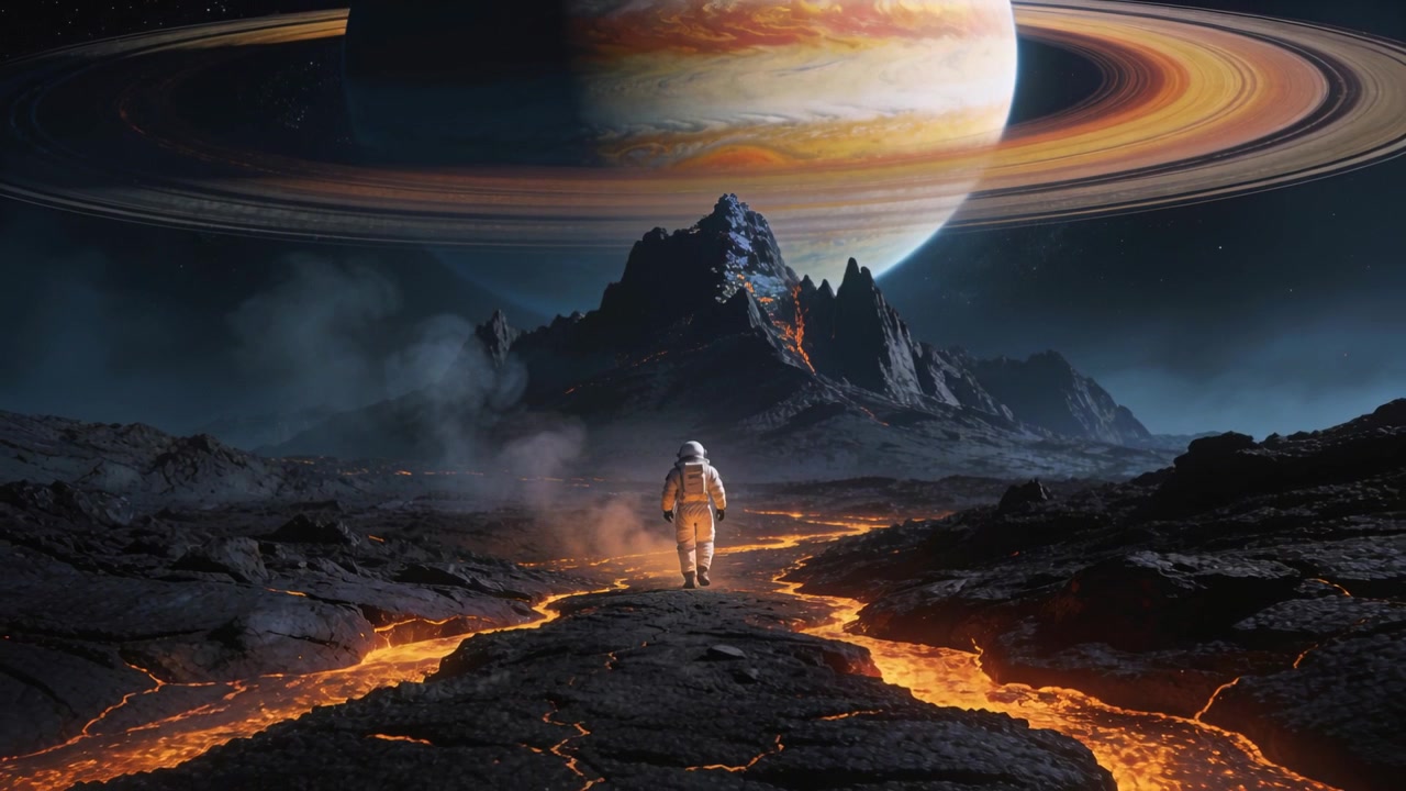 Following rock path, astronaut in pressurized suit walking between lava channels toward mountain