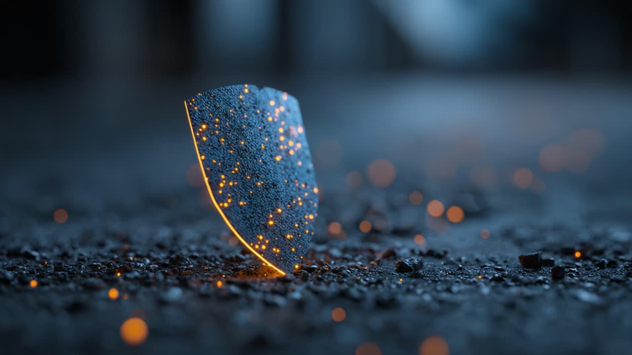 A Glinting Shield Emitting Sparkling Particles on the Ground, Surrounded by a Shimmering Glow in the Surrounding Dark Environment