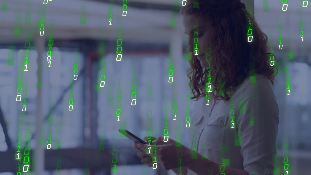 Binary code overlay on smartphone, woman in office using device