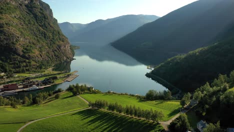 aurlandsfjord town of flam at dawn.